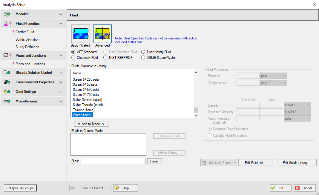 Carrier Fluid panel with the Advanced option selected